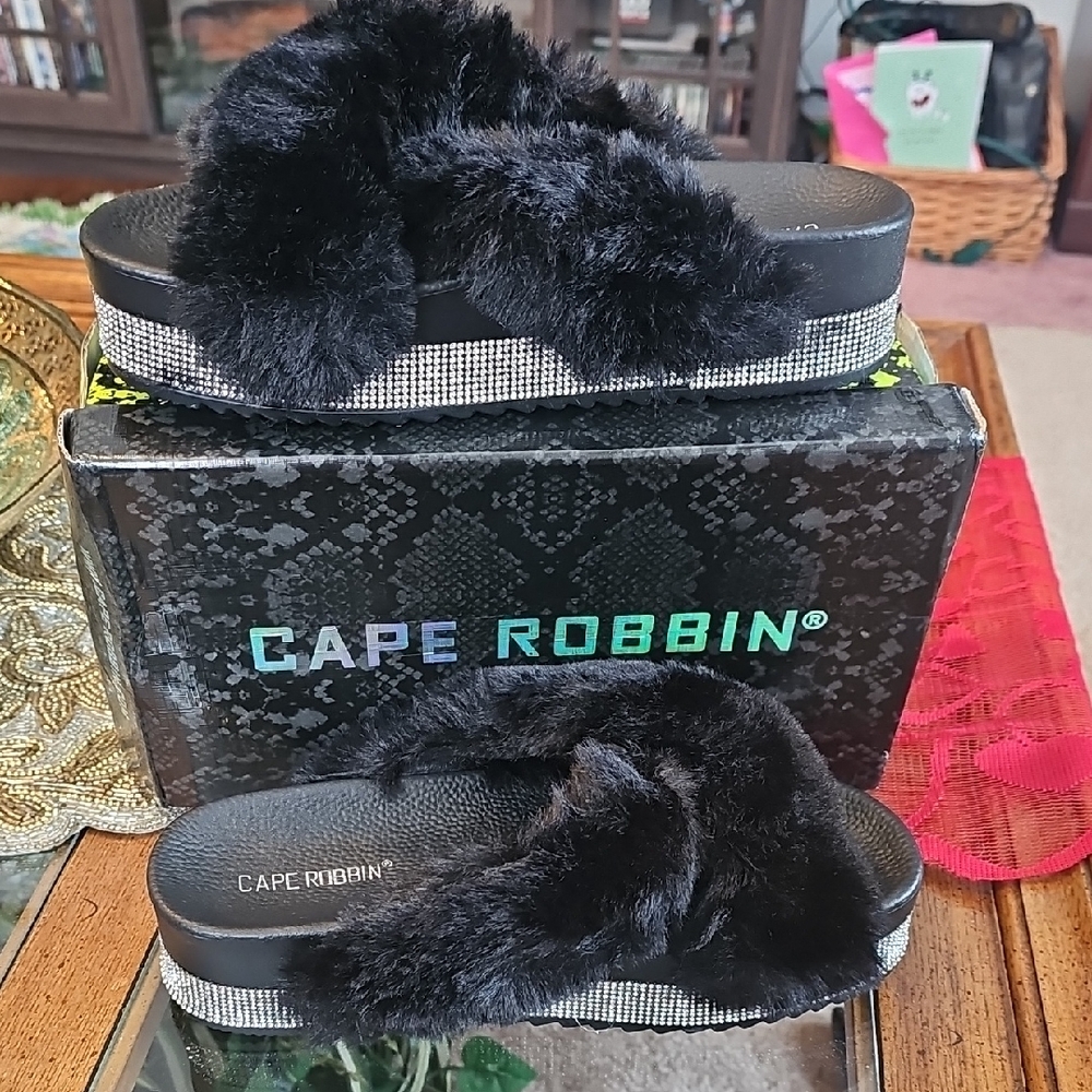 Cape Robbin Black Furry Slippers with Silver Accents